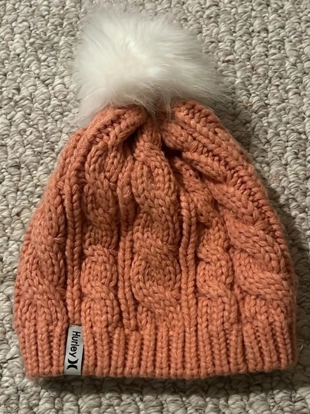 Hurley Peach Cable Knit Beanie with White Faux Fur Pom